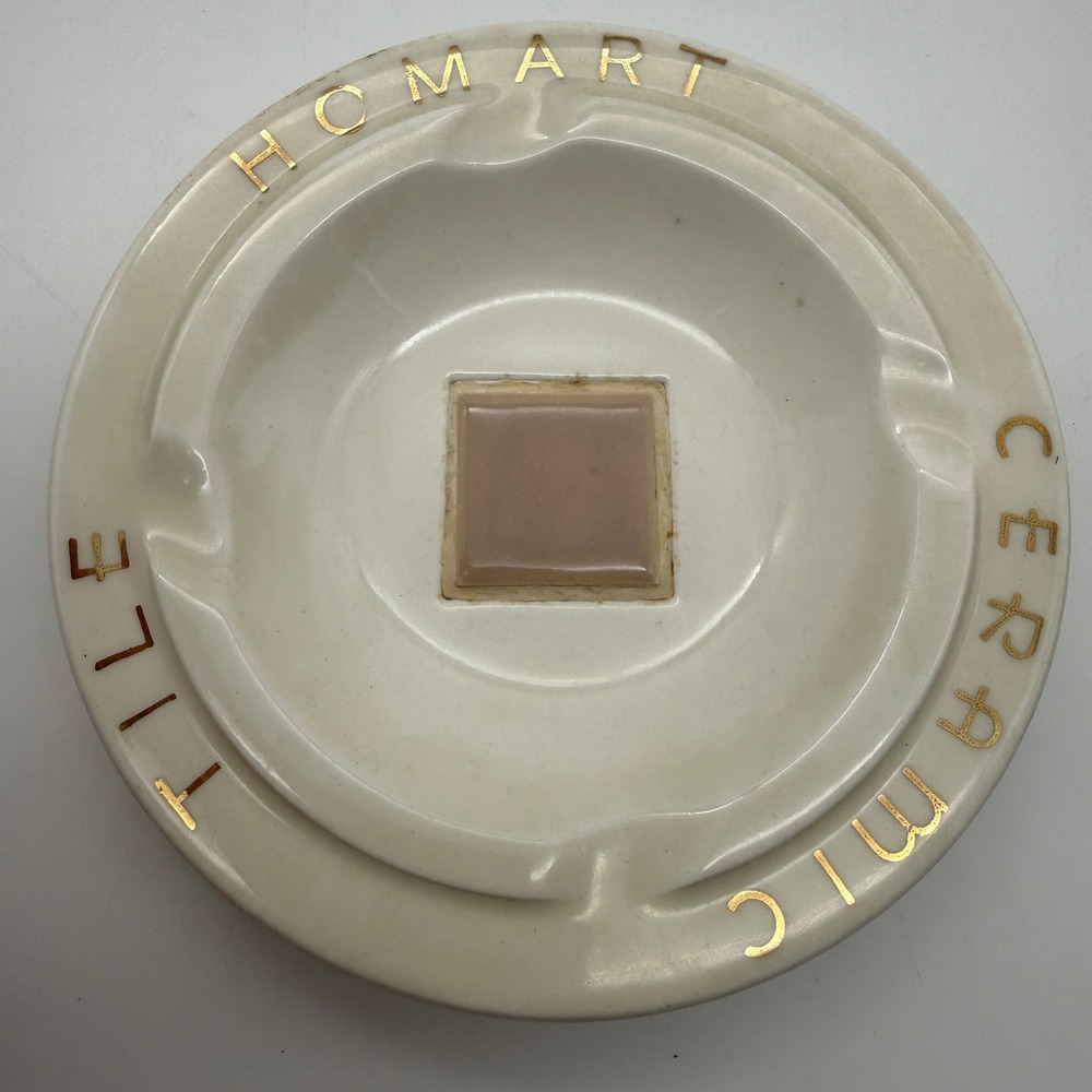 Homart Ceramic Tile Ashtray Universal Cambridge Cream Gold 22K Vintage USA 6in